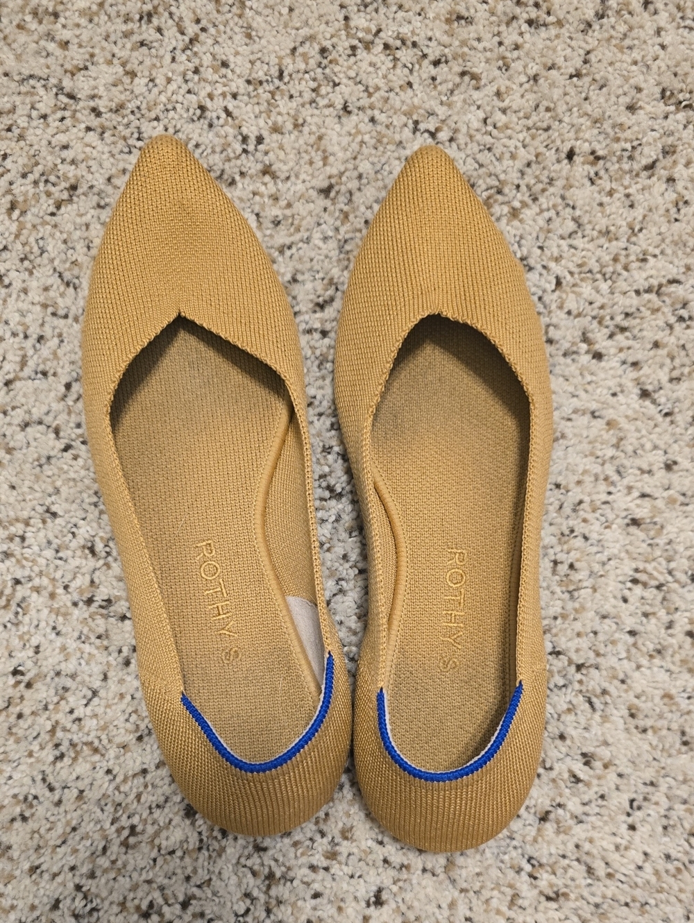Rothy's Mustard Pointed-Toe Knit Flats with Blue Trim
